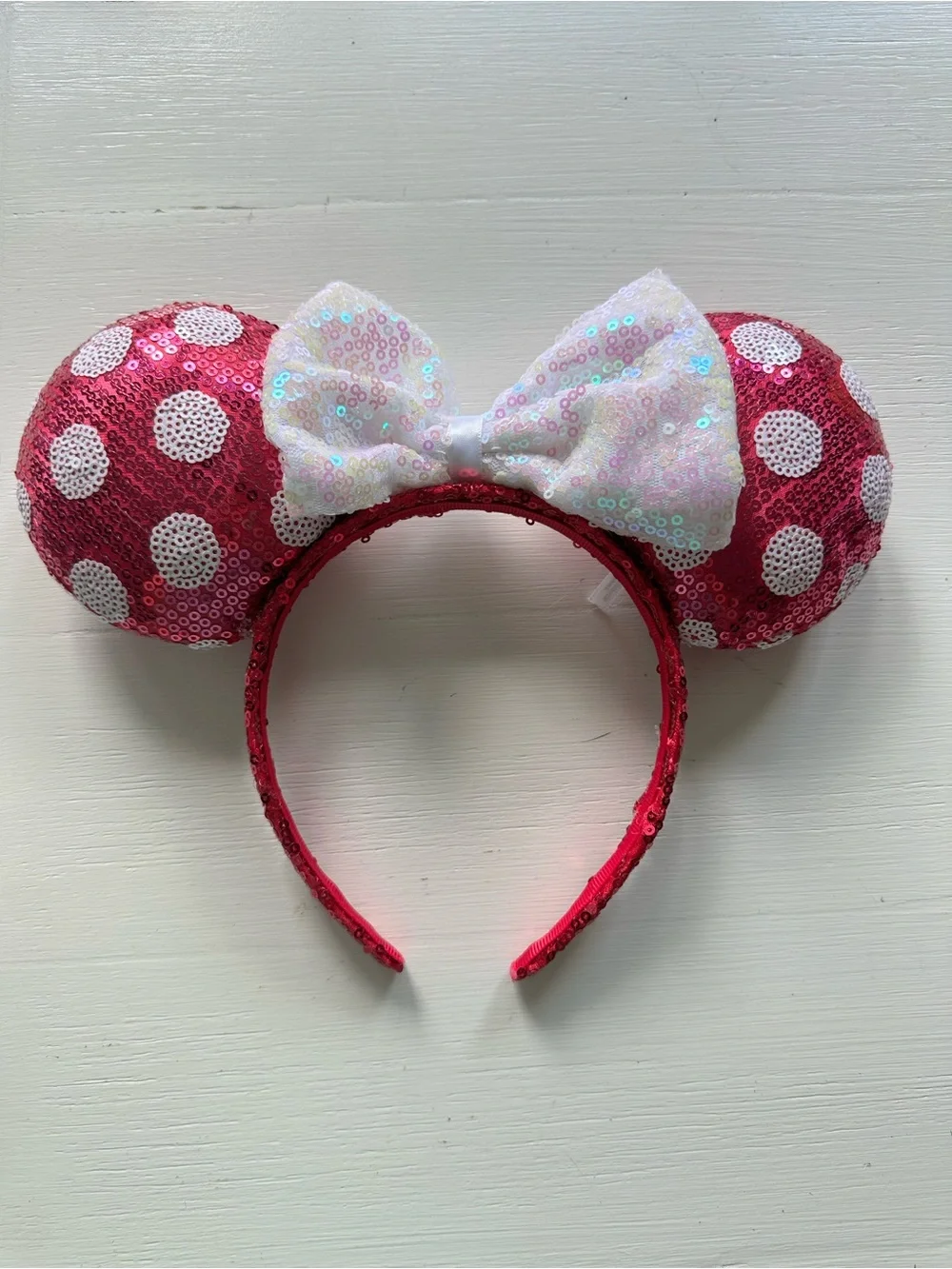 Disney Pink Sequin Polka Dot Minnie Ears Headband with White Bow